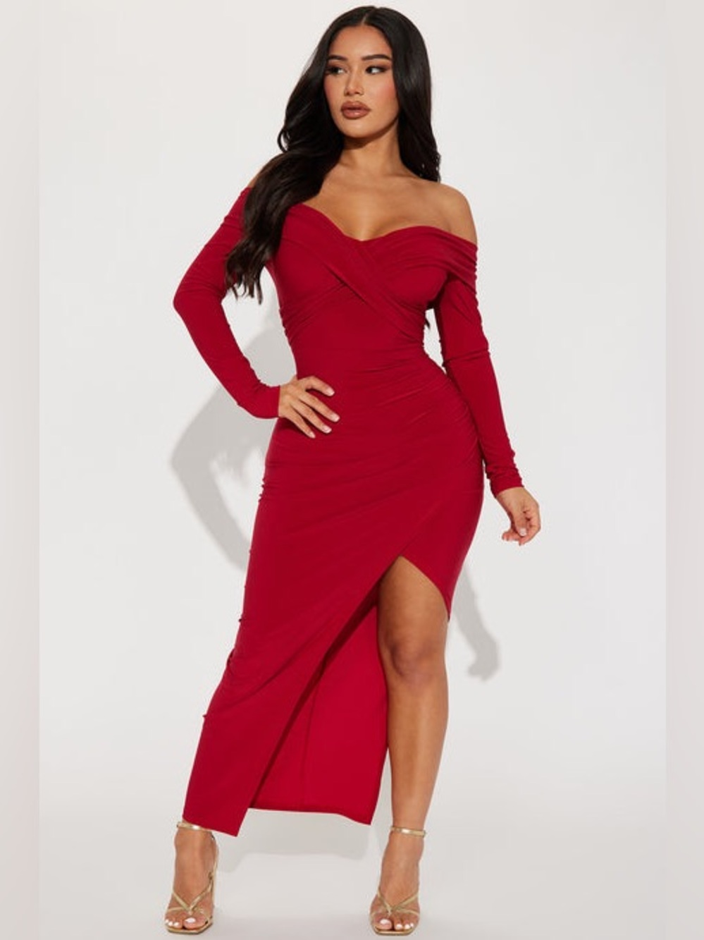 Fashion Nova Crimson Off-Shoulder Long Sleeve Wrap Maxi Dress
